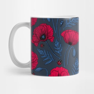 Red poppies and ladybugs on dark blue Mug